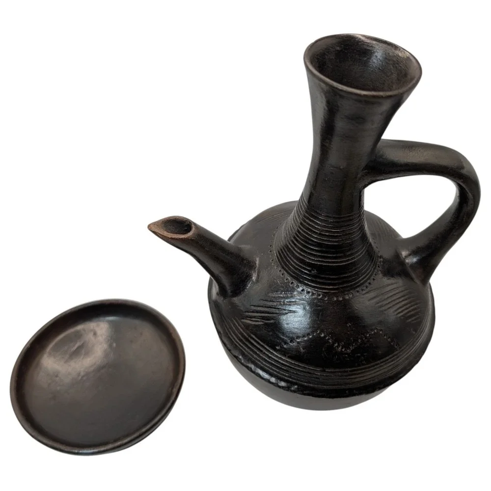Vintage Ethiopian Jebena Pot Handmade with Stand Black Clay Coffee Pot Two Piece